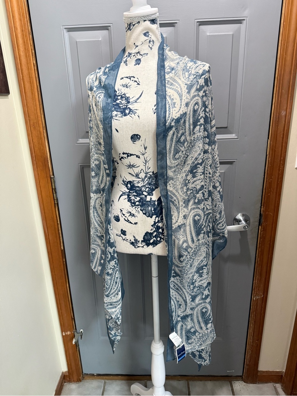 west loop Blue and Cream Floral Paisley Scarf/shawl